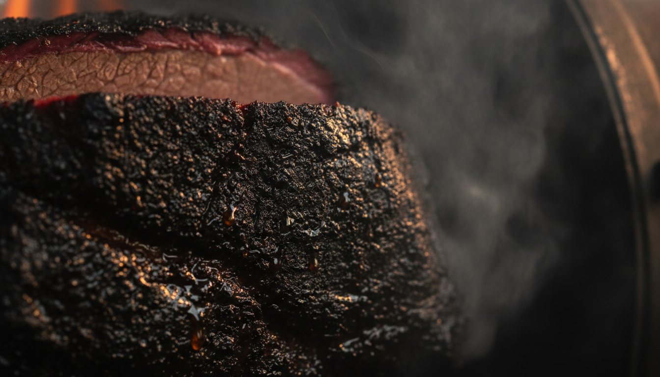 Extreme close-up of dark, glistening, crackled bark on a smoked brisket with a faint pink smoke ring