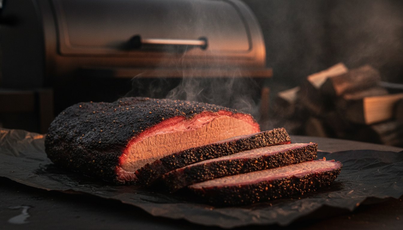 A smoked beef brisket sliced to show a thick pink smoke ring and a black-pepper bark on butcher paper