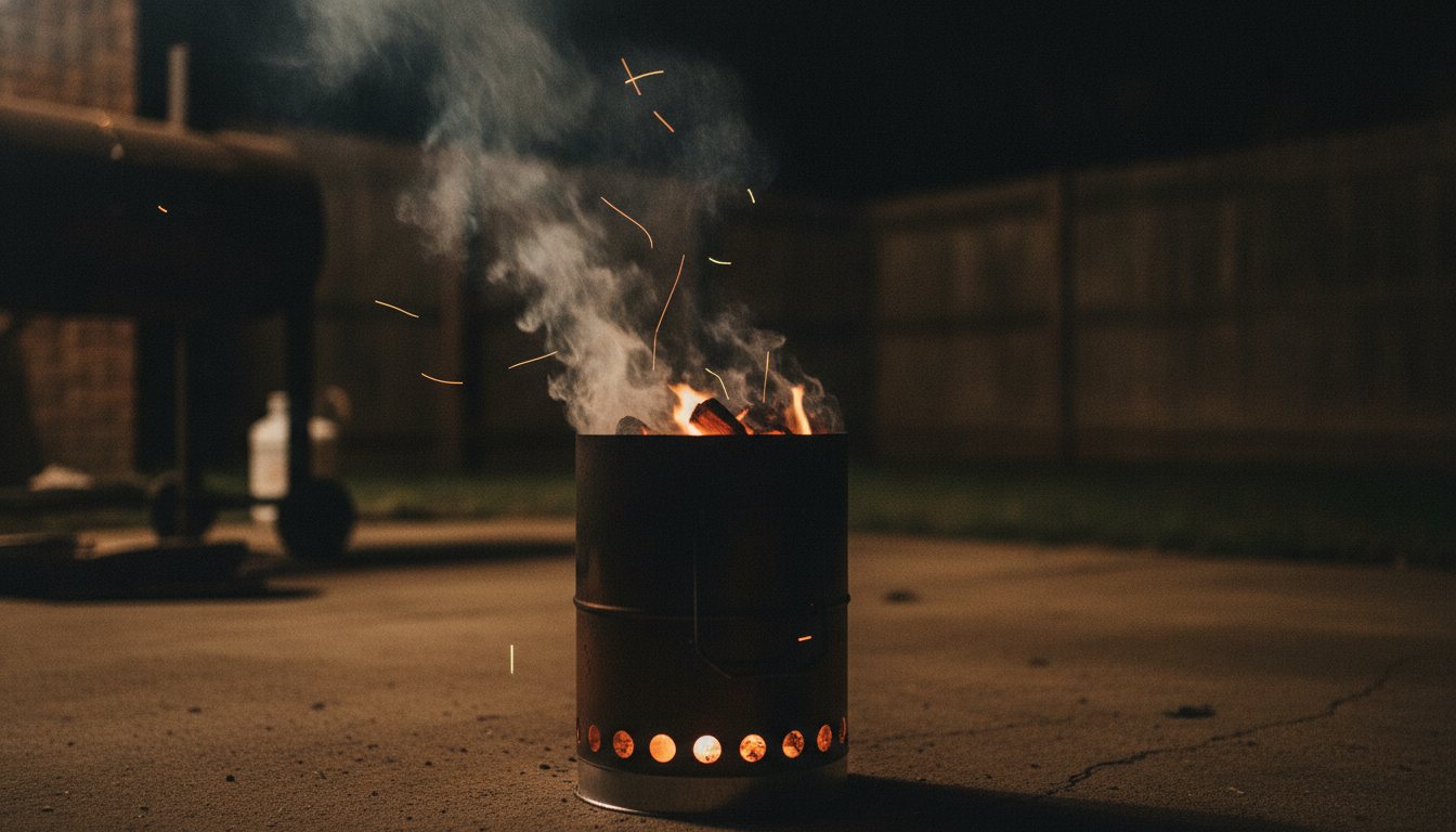 A charcoal chimney starter glowing with hot coals and small flames in a dark backyard