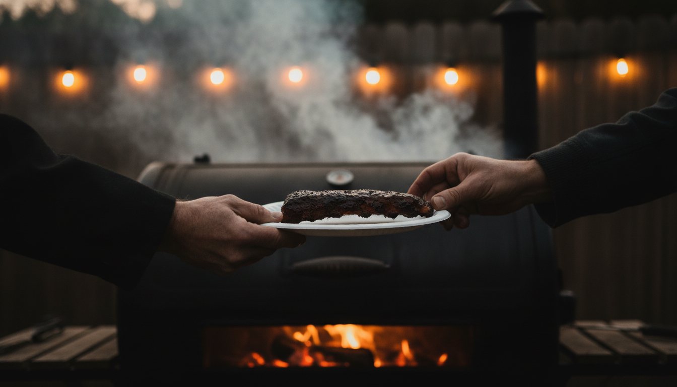 A hand passing a single barbecue rib on a paper plate to another at a dusk backyard cookout, string lights behind