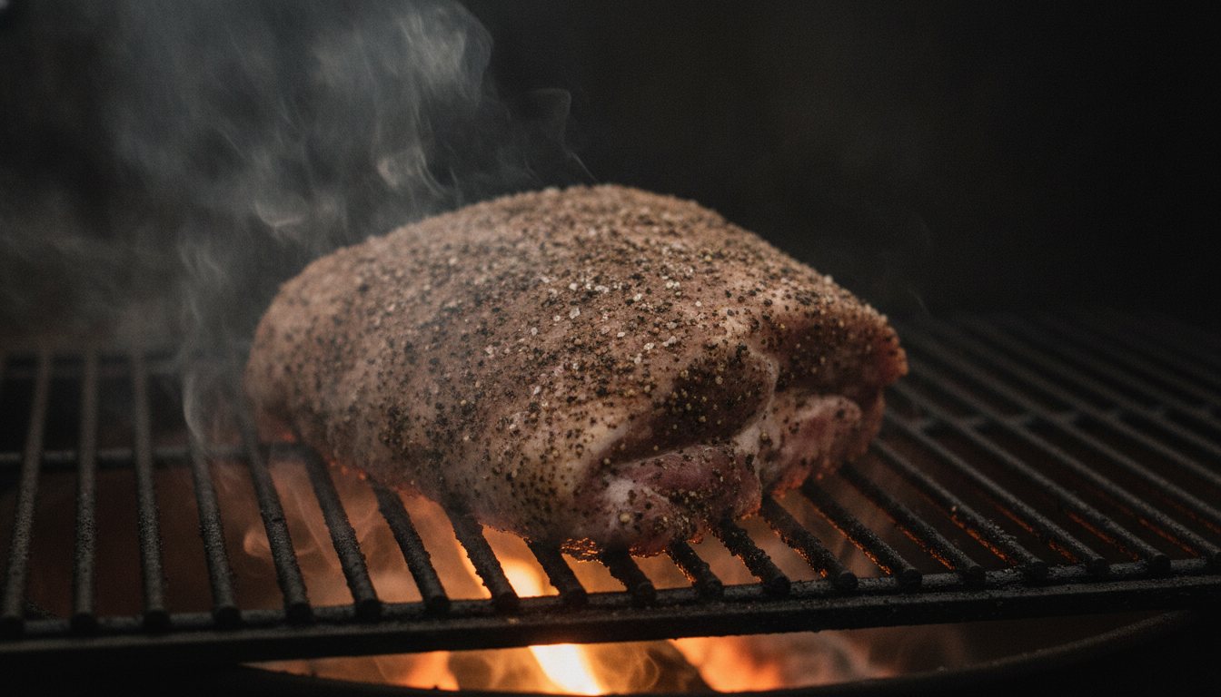 A salt-and-pepper-rubbed bone-in pork shoulder on the smoker grate as the first thin smoke curls around it