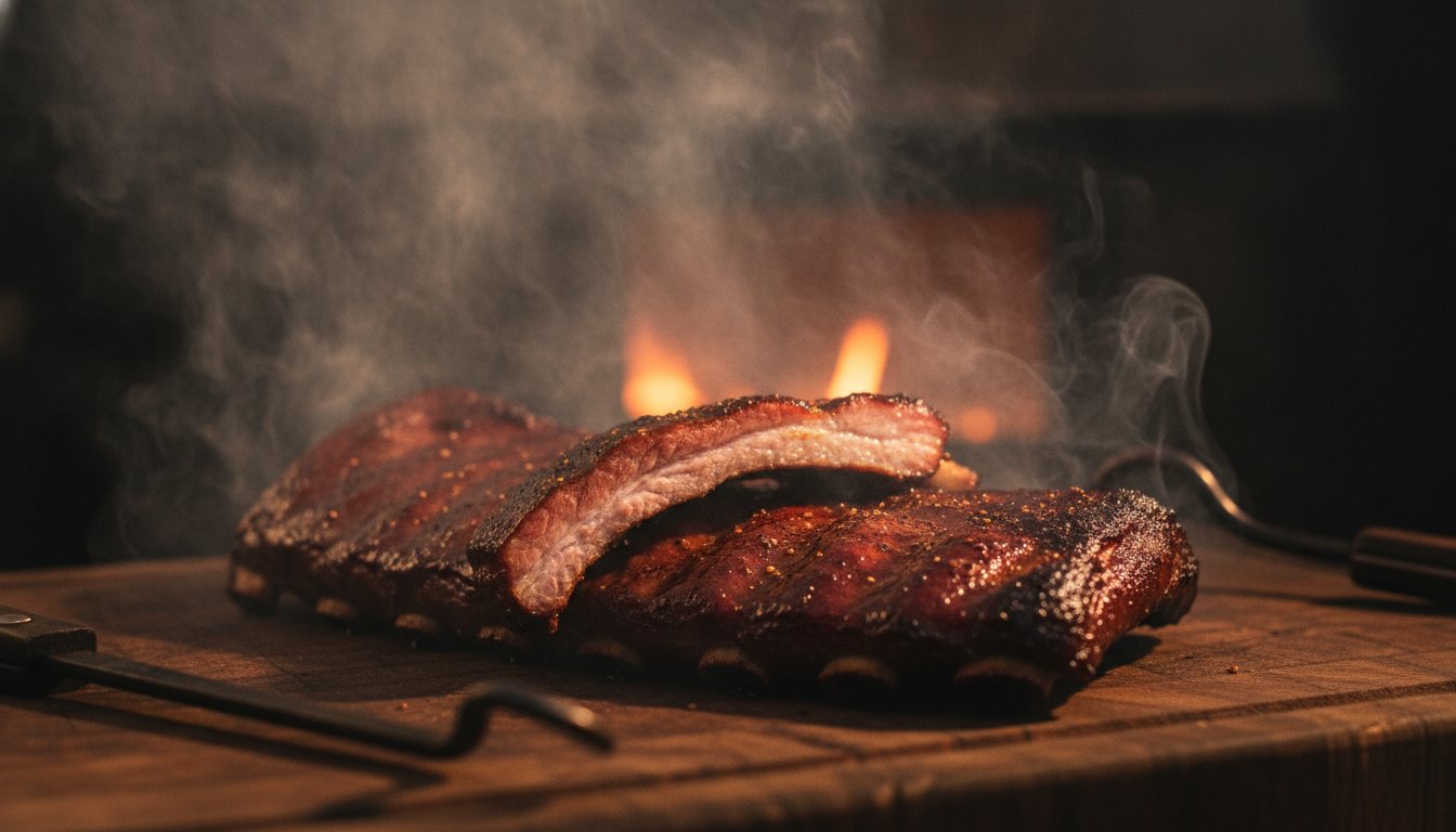 A rack of glazed smoked pork ribs with a deep mahogany bark, pulled slightly apart, resting on dark wood