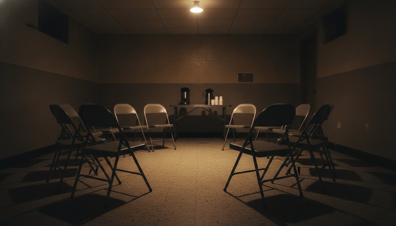 A dim church back room at night, a circle of empty metal folding chairs and a coffee urn under one warm light