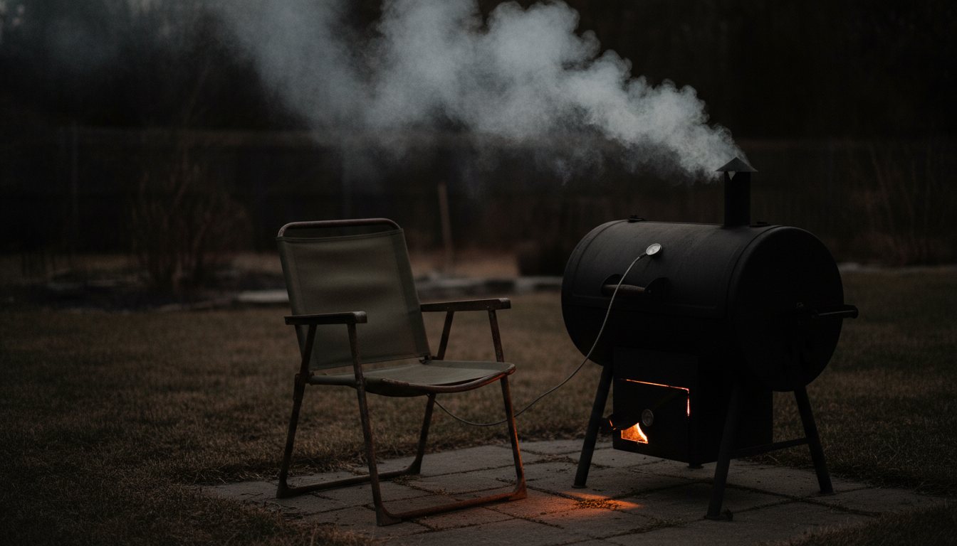 A single empty weathered folding lawn chair beside a black smoker at dusk, smoke drifting past
