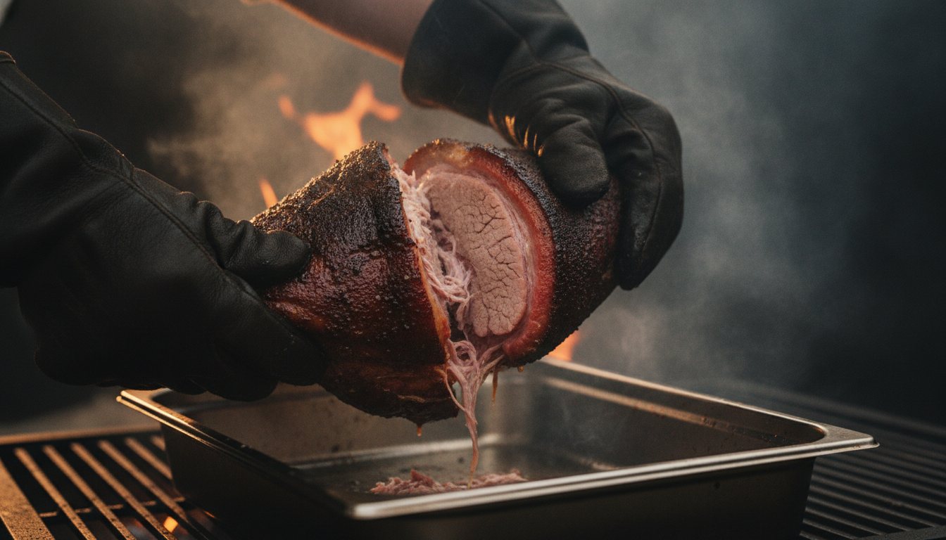 Gloved hands pulling apart a finished smoked pork shoulder, the dark bark breaking open to reveal tender, juicy meat