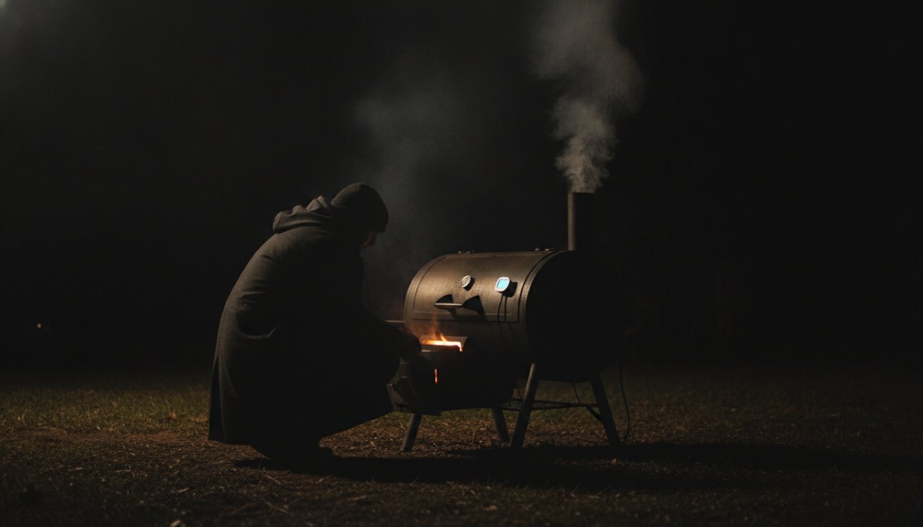A lone hooded figure crouched beside a glowing smoker in a pitch-dark, pre-dawn backyard